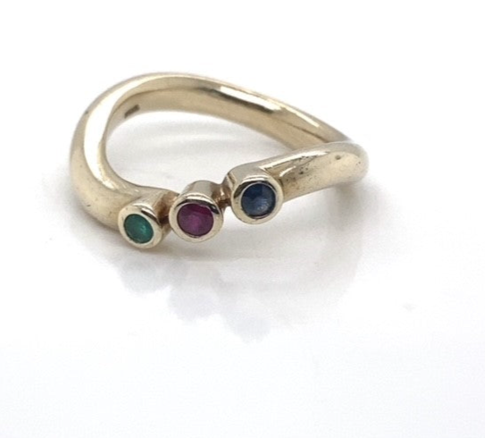 Yellow Gold Wave Ring with Bezel Set Sapphire, Ruby and Emerald - Estate