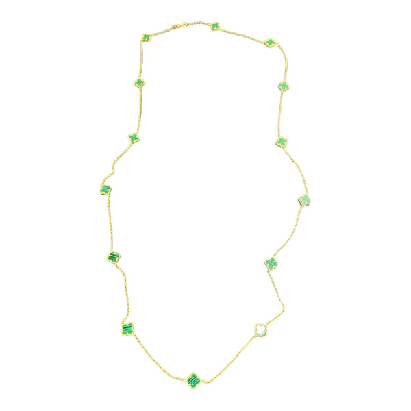 Sterling Silver Gold Plated Malachite Long Clover Necklace