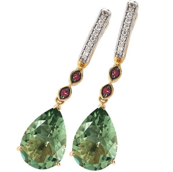 Green Amethyst, Rhodolite Garnet and Diamond Dress Earrings