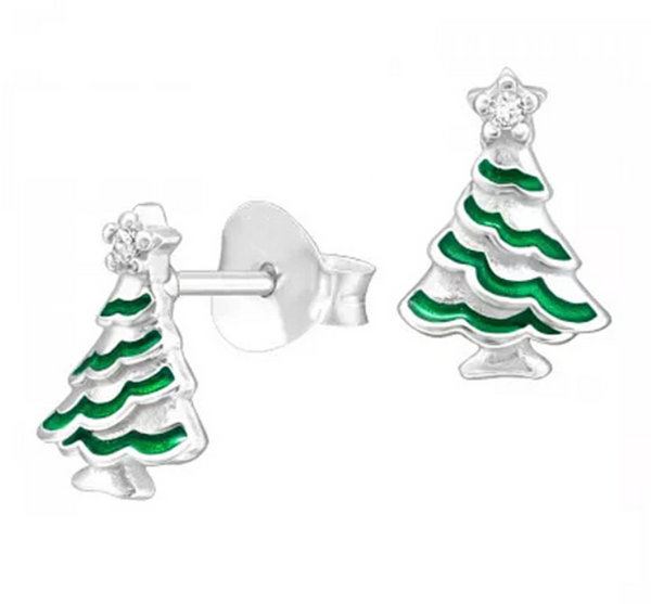 Sterling Silver and Enamel Christmas Tree Stud Earrings