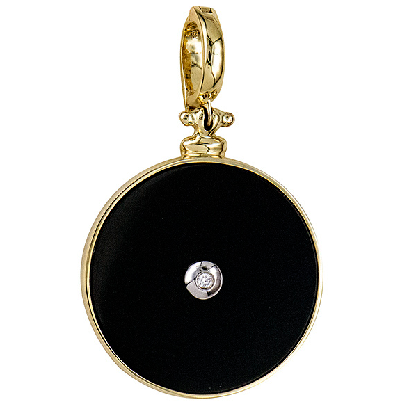 Round Yellow Gold, Onyx and Diamond Enhancer Pendant