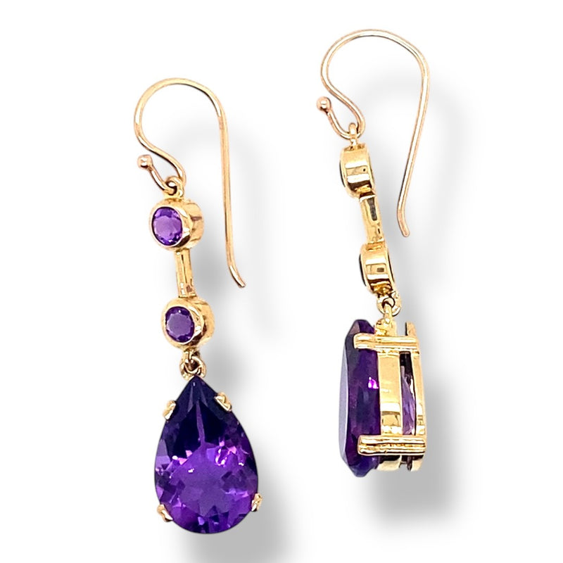 Hanging Teardrop and Bezel Set Amethyst Earrings