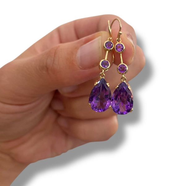 Hanging Teardrop and Bezel Set Amethyst Earrings