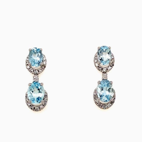 Double Aquamarine and Diamond Drop Stud Earrings
