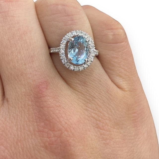 Oval Aquamarine and Diamond Halo Ring