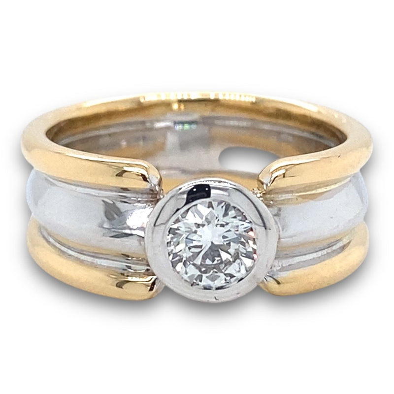 Gold Two Tone Thick Diamond Ring with Bezel Set Diamond - Estate