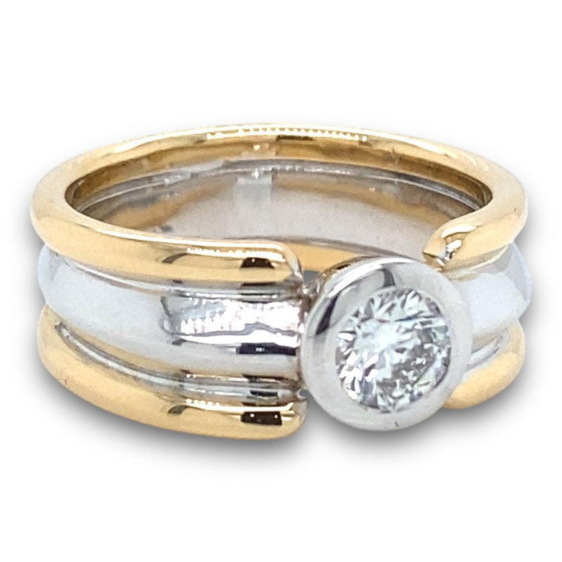 Gold Two Tone Thick Diamond Ring with Bezel Set Diamond - Estate