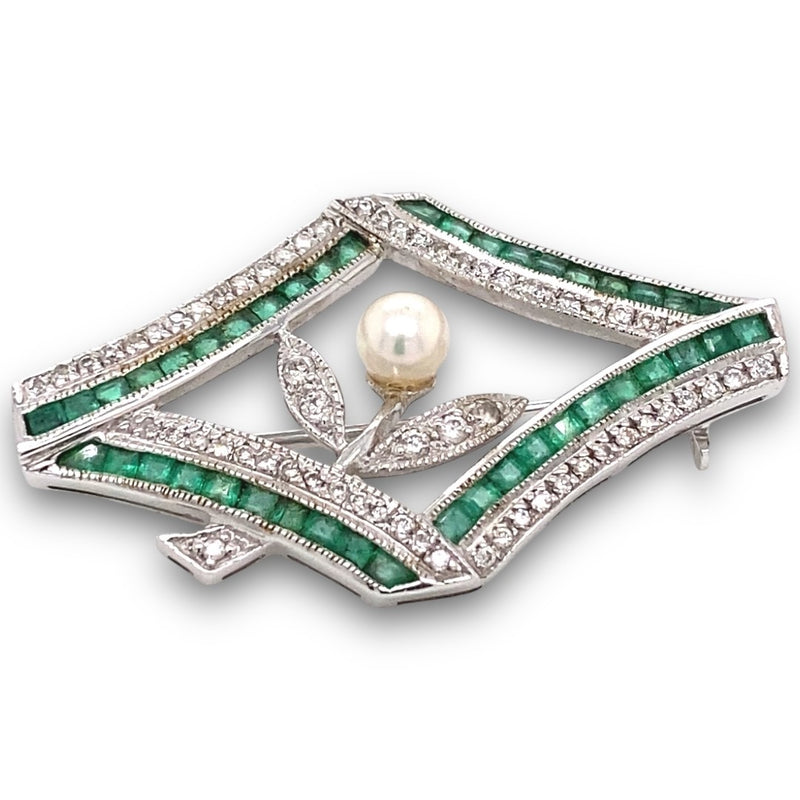 Emerald, Diamond and Pearl Brooch - Estate