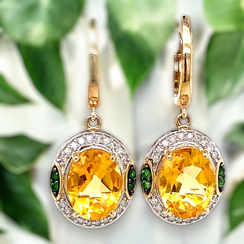 Yellow Citrine and Tsavorite Garnet Drop Earrings with Diamonds