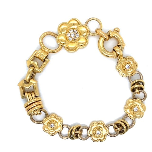 18 Carat Yellow Gold and Diamond Floral Bracelet - Estate