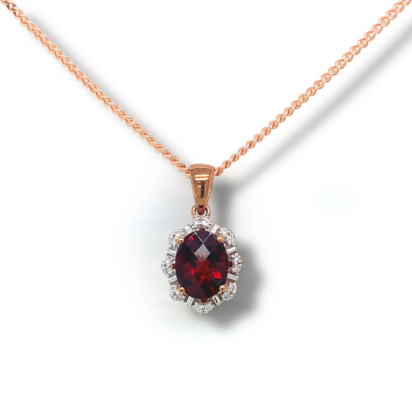 Art Deco Rose Gold Garnet Pendant with Diamond Border