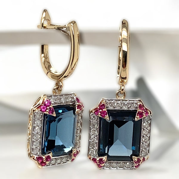 London Blue Topaz, Ruby and Diamond Earrings