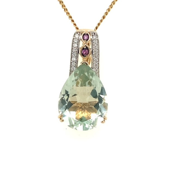 Mint quartz, garnet and diamond pendant