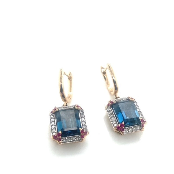 London Blue Topaz, Ruby and Diamond Earrings