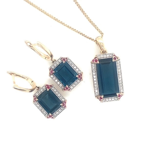 London Blue Topaz, Ruby and Diamond Earrings