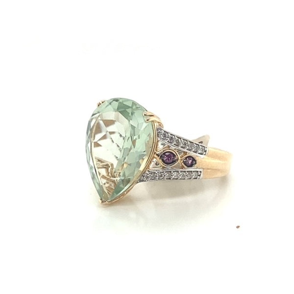 Mint quartz, garnet and diamond ring