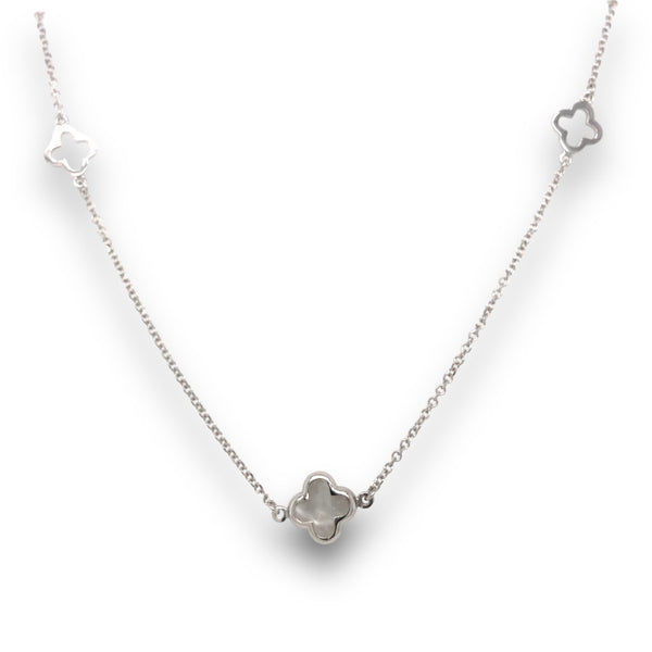 White Gold and Gemstone and Cut-Out Clover Necklace