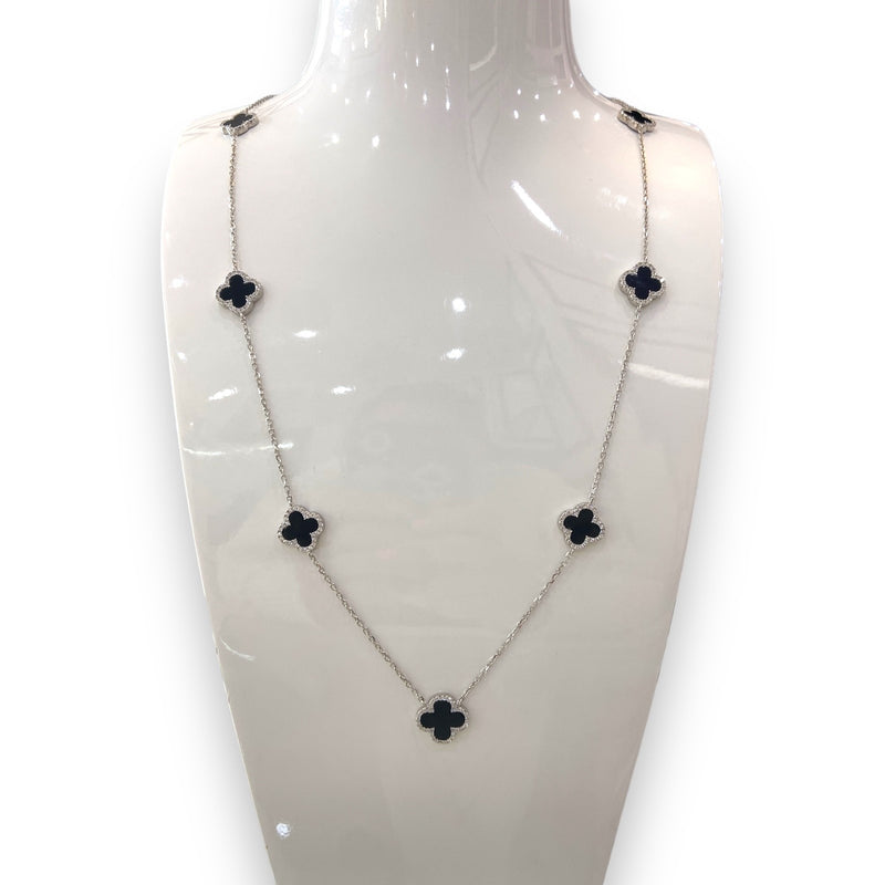 Sterling Silver Onyx and Cubic Zirconia Clover Necklace