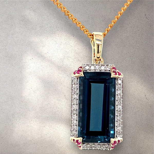 London Blue Topaz, Ruby and Diamond Pendant