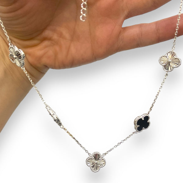 Sterling Silver and Onyx Clover Necklace