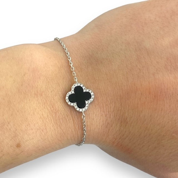 Sterling Silver and Onyx Clover Bracelet with Cubic Zirconia