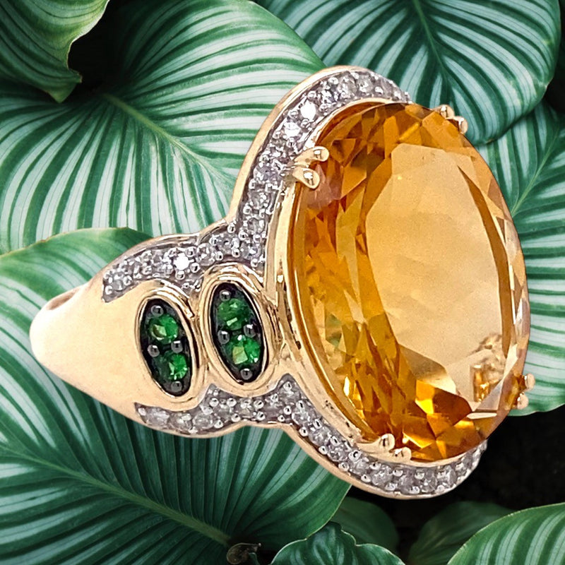 Yellow Citrine and Tsavorite Garnet Cocktail Ring with Diamonds