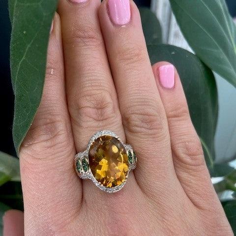 Yellow Citrine and Tsavorite Garnet Cocktail Ring with Diamonds