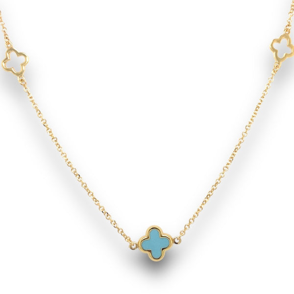 Yellow Gold Gemstone and Cut-Out Clover Necklace